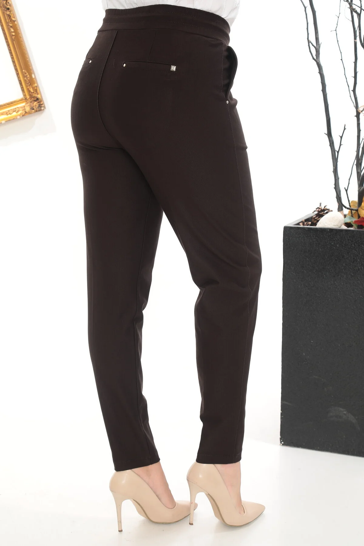 Kadın Kahve Yüksek Bel Mom Fit Örme Pantolon - Görsel 3