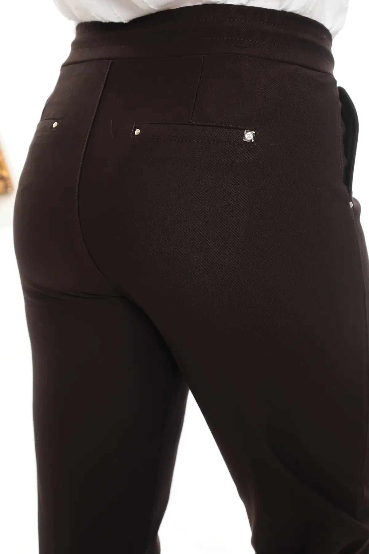 Kadın Kahve Yüksek Bel Mom Fit Örme Pantolon - Görsel 4
