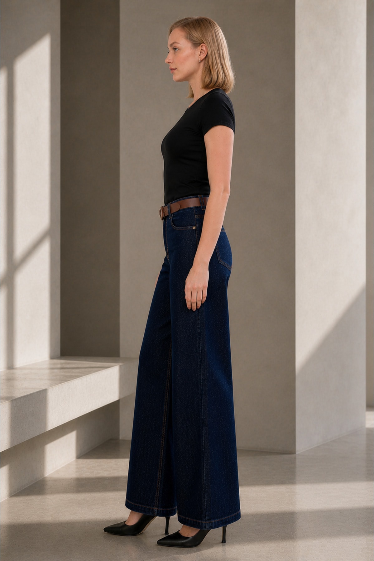 Koyu Lacivert Yüksek Bel Geniş Paça Denim - Görsel 3
