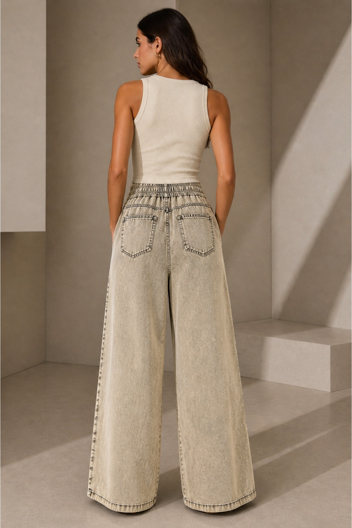 Vintage Efektli Tensel Kumaş Lastikli Bel Geniş Paça Pantolon - Görsel 3