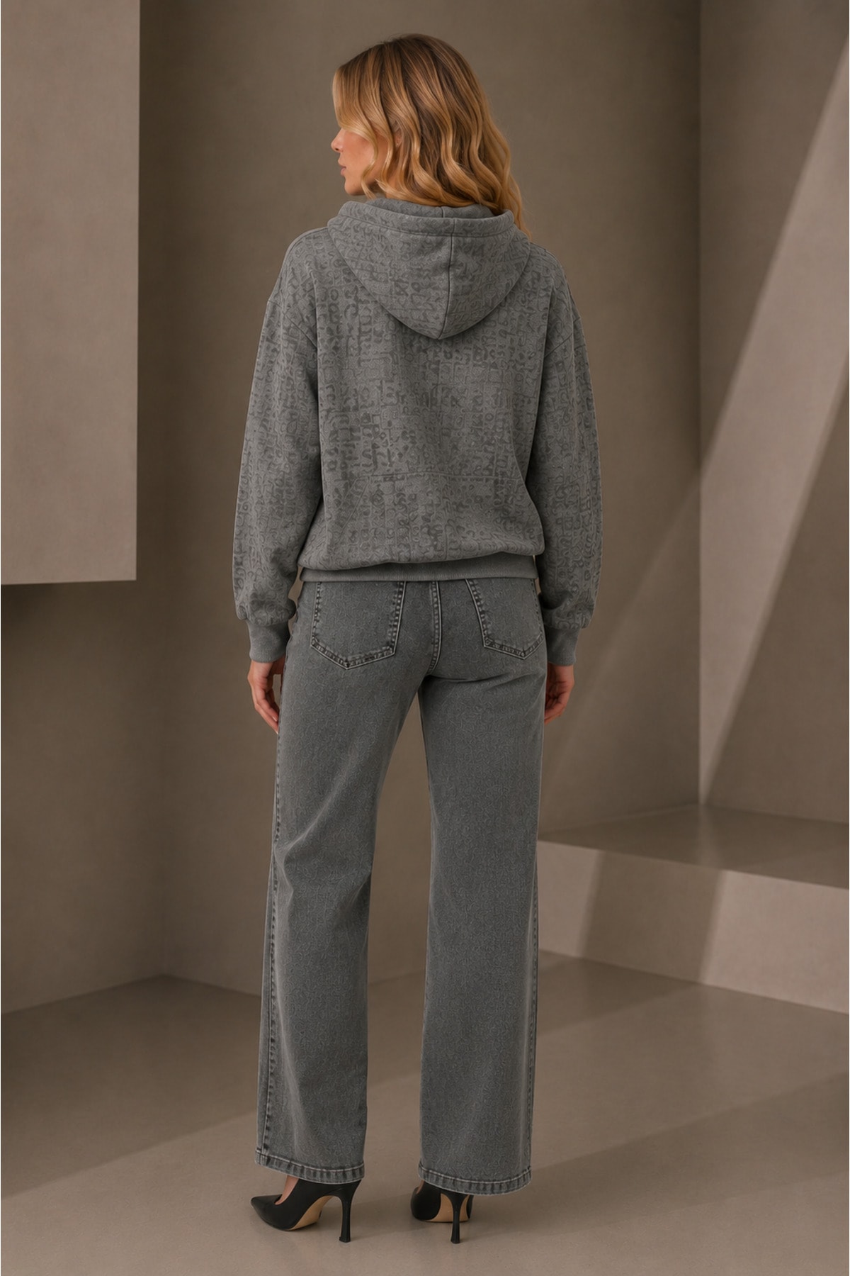 Monogram Baskılı Fermuarlı Oversize Hoodie Sweatshirt - Görsel 3
