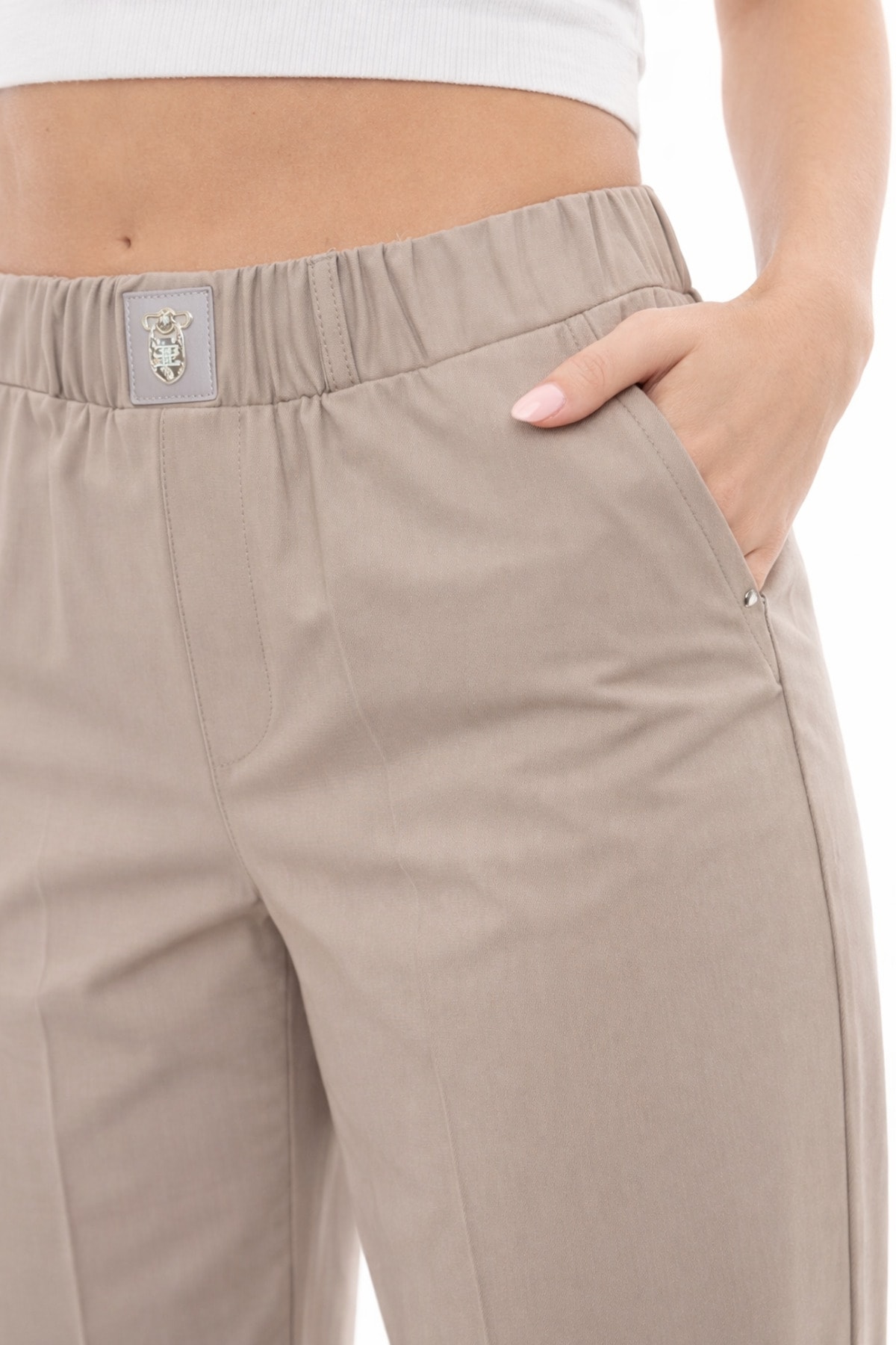 Bej İnce Örme Kumaş Beli Lastikli Rahat Kalıp Pantolon - Görsel 2