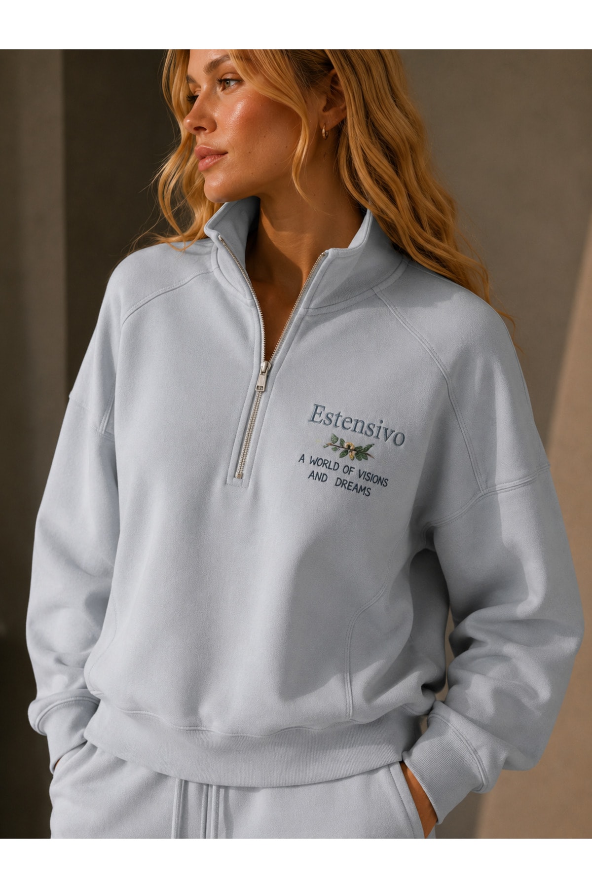 Açık Mavi Yarım Fermuarlı Sweatshirt Takım | Nakış Logo | A World of Visions and Dreams - Görsel 4