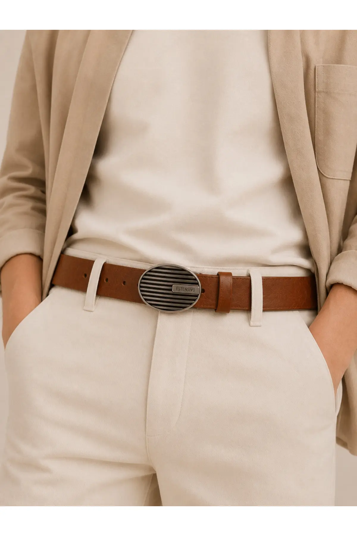 Kadın Taba Oval Tokalı Minimal Şık Kemer Deri Görünümlü - Görsel 4