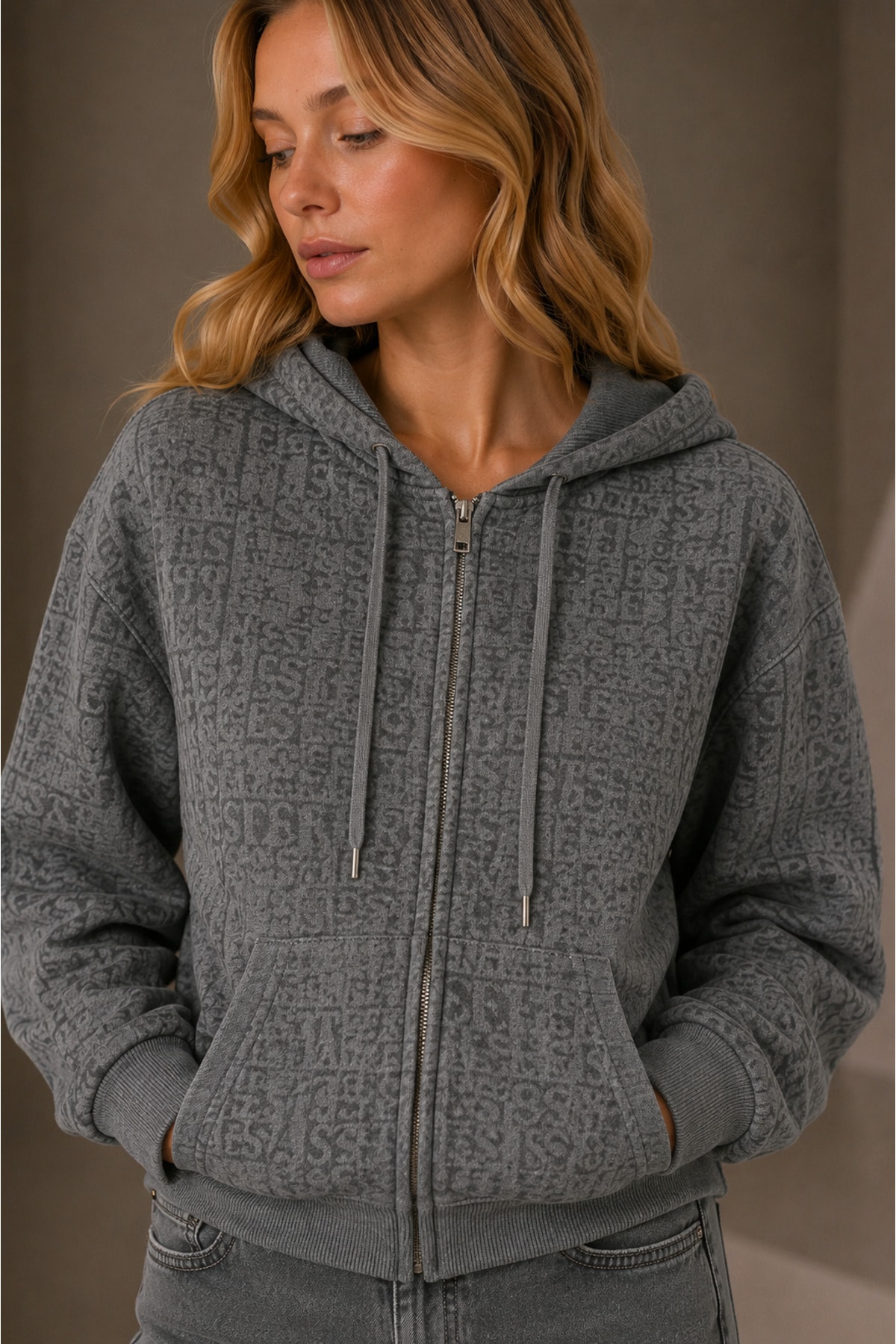 Monogram Baskılı Fermuarlı Oversize Hoodie Sweatshirt - Görsel 5