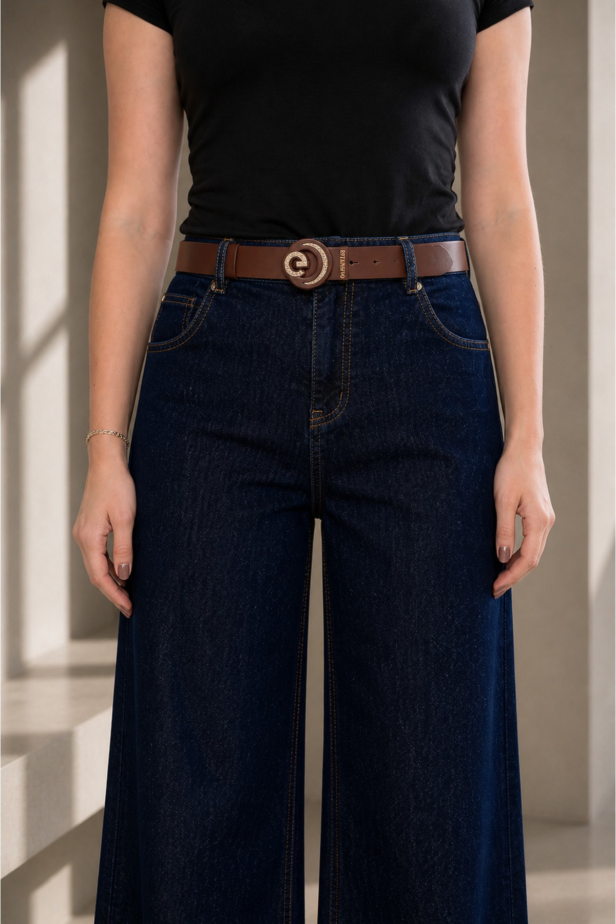 Koyu Lacivert Yüksek Bel Geniş Paça Denim - Görsel 4